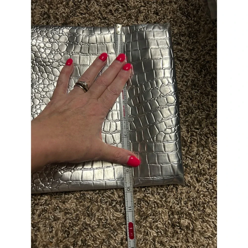 Makeup Junkie Bags Silver Metallic Croc Embossed Large Cosmetic Bag Tassel